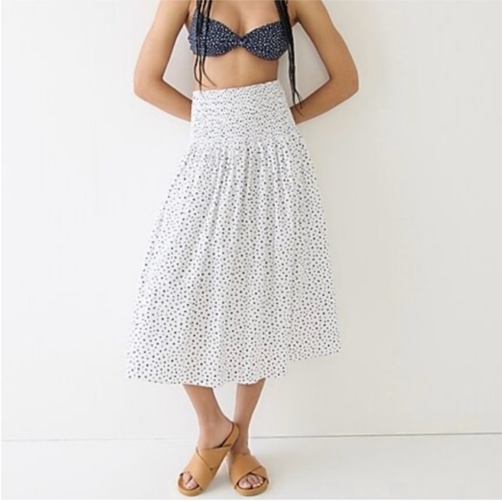 J. Crew White Smocked A-Line Midi Skirt